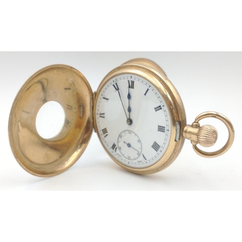 77 - LOVELY QUALITY! A 375 stamped case Half Hunter yellow gold pocket watch stamped also ALD - the watch... 