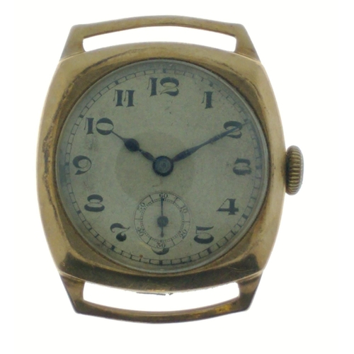 83 - A VINTAGE c1930's 375 stamped yellow gold cased vintage wrist watch with second hand dial at the foo... 