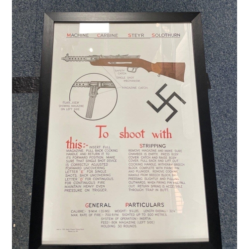 41A - Four framed WWll weapon instruction posters frame size 66cm x 49cm to include Machine Carbine MP 38 ... 