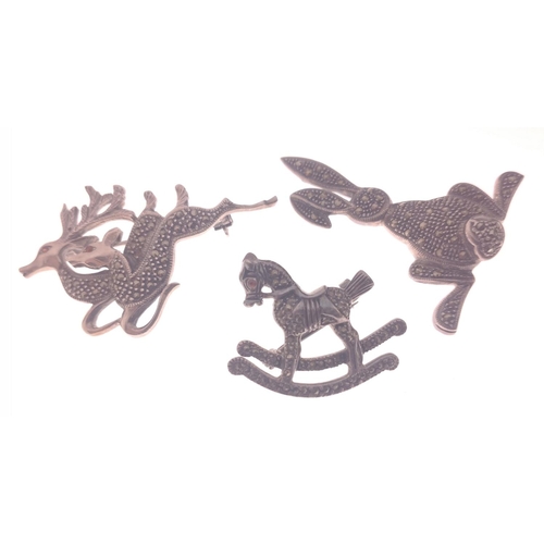 5 - VINTAGE Three nice 925 stamped silver BLING brooches to include a pair of reindeer, a bunny rabbit a... 