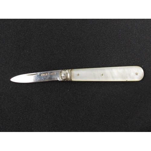 64 - A FRUIT KNIFE with a mother-of-pearl handle and silver hallmarked blade CW Fletcher Sheffield 1922#6... 