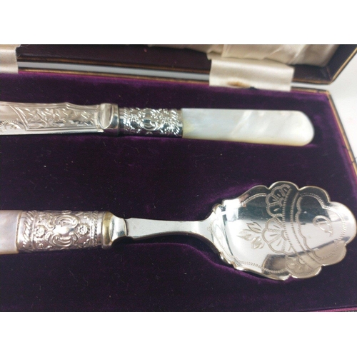 66 - Boxed set of silver plated with mother of pearl handles knife and spoon marked D& SG in original pre... 