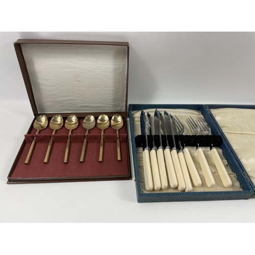 69 - A presentation box with 6 nickel silver fish forks and 3 fish forks, plus a boxed set of 6 bronze te... 