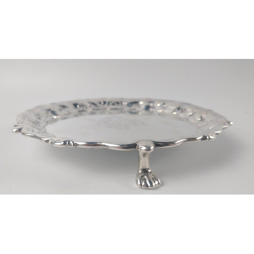 114 - A London silver hallmarked 1746 CARD TRAY with crest in centre and scalloped edge by silversmith CHA... 