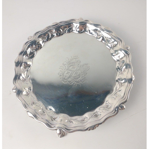 114 - A London silver hallmarked 1746 CARD TRAY with crest in centre and scalloped edge by silversmith CHA... 