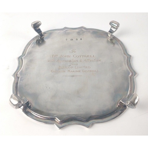 116 - A London silver hallmarked 1932 small presentation TRAY to Dr John Cottrell, from DUNLOP Ltd Oil & M... 