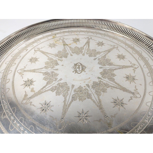 122 - Large silver plated TRAY with a central monogram and decorative edging, 35cm diameter, 950g weight#1... 