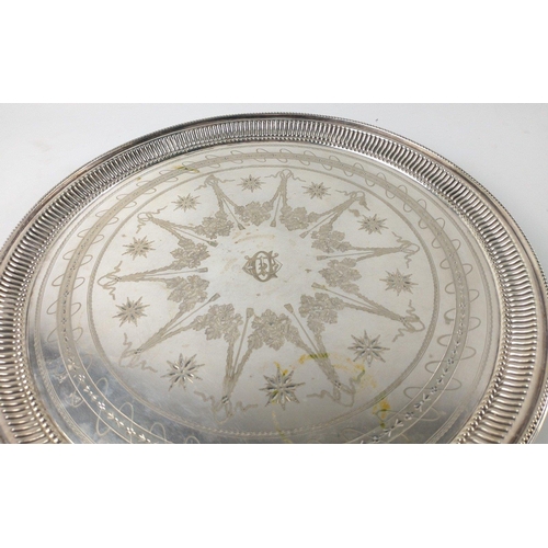 122 - Large silver plated TRAY with a central monogram and decorative edging, 35cm diameter, 950g weight#1... 