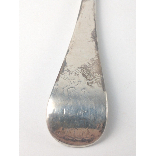 125 - An early London silver hallmarked (Hallmark indistinct) BASTING SPOON, silversmith indistinct,  dime... 