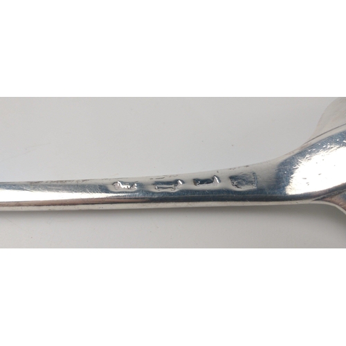 125 - An early London silver hallmarked (Hallmark indistinct) BASTING SPOON, silversmith indistinct,  dime... 