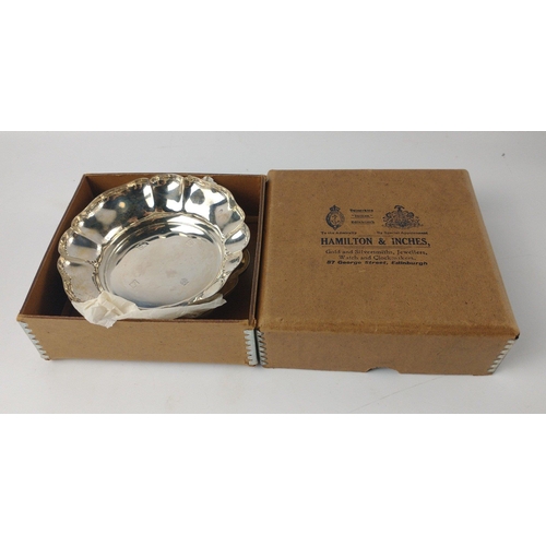 128 - Pair of boxed Birmingham silver hallmarked 1954 BUTTER DISHES with scalloped edging( 11cm diameter) ... 