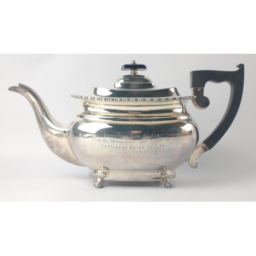 144 - A Sheffield hallmarked 1962 inscribed TEAPOT by silversmith (EMILY) VINERS LTD, height 30cm length x... 