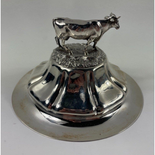 148 - A silver hallmarked Sheffield 1835, butter tray and lid with bovine finial by silversmith HENRY WILK... 