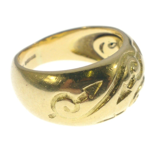 15 - STUNNING! 750 stamped yellow gold RING with scrolled engraving, ring size M, weight 8.50g approx#16... 