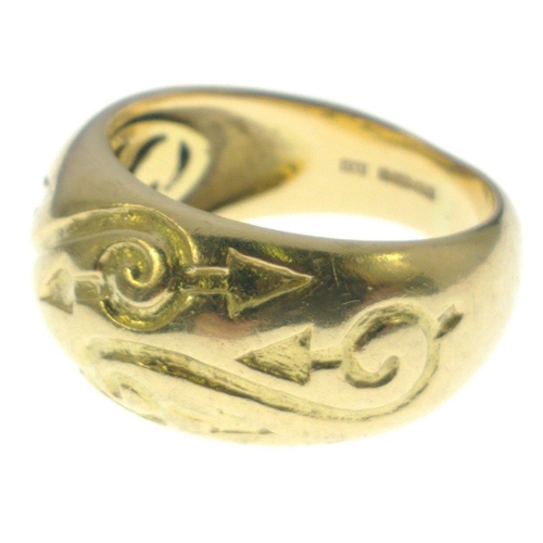 15 - STUNNING! 750 stamped yellow gold RING with scrolled engraving, ring size M, weight 8.50g approx#16... 