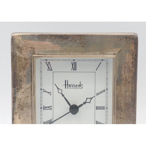 153 - Silver framed HARRODS bedside CLOCK, hallmarked Sheffield 1997, 12cm x 9.5cm , 158g gross weight app... 