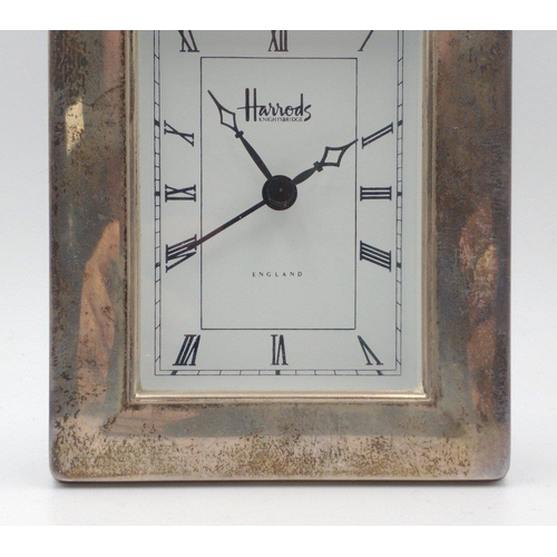 153 - Silver framed HARRODS bedside CLOCK, hallmarked Sheffield 1997, 12cm x 9.5cm , 158g gross weight app... 