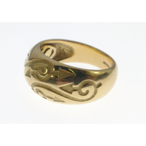 16 - STUNNING! 750 stamped yellow gold RING with scrolled engraving, ring size O, weight 9.10g approx (ma... 