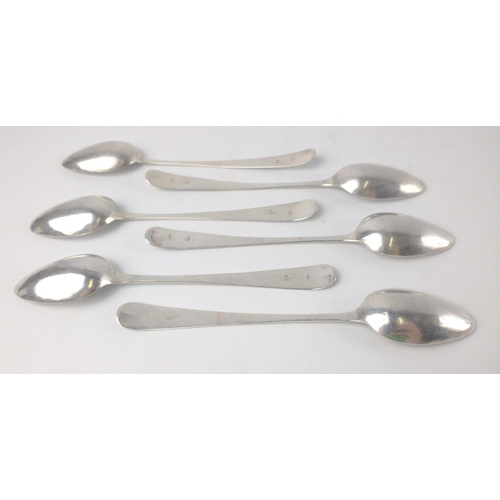 182 - A set of six silver hallmarked TEASPOONS (marks well-worn but possibly Newcastle) by silversmith THO... 