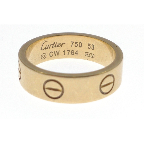 19 - IMPRESSIVE CARTIER 750 stamped yellow gold RING size M, weight 7.20g - Cartier's LOVE collection is ... 