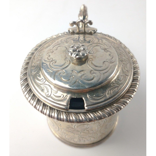 191 - A London silver hallmarked 1849 MUSTARD POT with blue glass liner by silversmith JOHN EVANS ll, heig... 