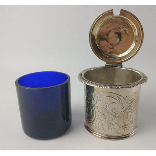 191 - A London silver hallmarked 1849 MUSTARD POT with blue glass liner by silversmith JOHN EVANS ll, heig... 