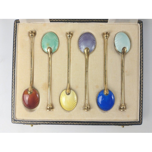 200 - A boxed set of six enamelled and gilded Birmingham silver hallmarked 1953 COFFEE SPOONS in original ... 