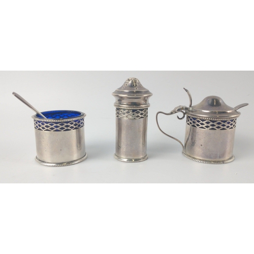 201 - A Birmingham 1920's silver hallmarked CRUET SET by LEVI & SALOMON comprising mustard with liner and ... 