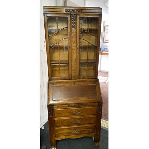 373 - C1920/30's Bureau book case with glazed doors over bureau abd three drawers 194cm height x 72cm widt... 