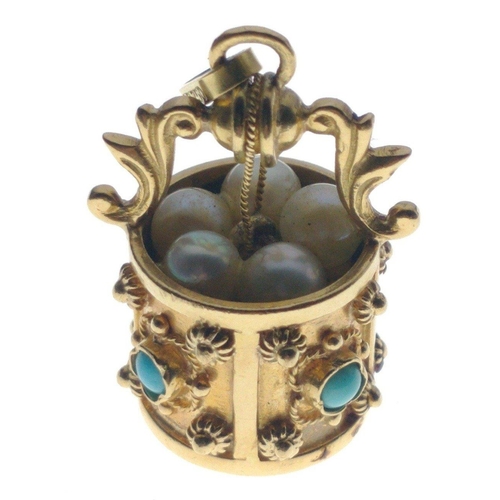 43 - A FANTASTIC & SUBSTANTIAL 750 stamped PENDANT in wishing well form set with 4 turquoise and 5 pearls... 