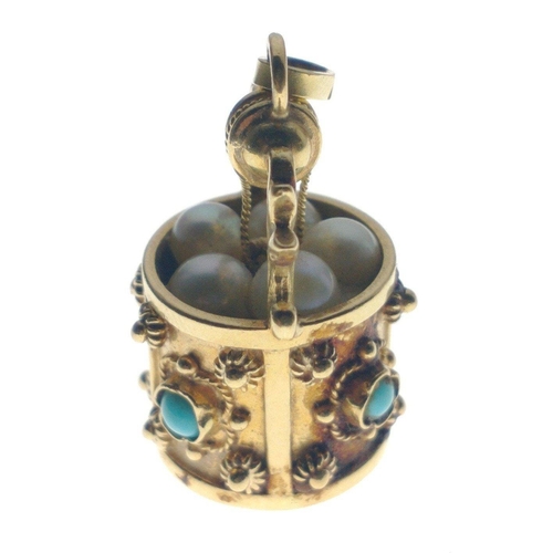 43 - A FANTASTIC & SUBSTANTIAL 750 stamped PENDANT in wishing well form set with 4 turquoise and 5 pearls... 