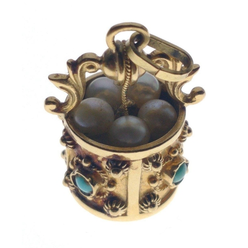 43 - A FANTASTIC & SUBSTANTIAL 750 stamped PENDANT in wishing well form set with 4 turquoise and 5 pearls... 