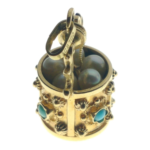 43 - A FANTASTIC & SUBSTANTIAL 750 stamped PENDANT in wishing well form set with 4 turquoise and 5 pearls... 