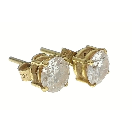 48A - Ladies pair of Diamond 18ct yellow gold earrings - diamonds approx 0.7carat each(6mmx6mmx3mm)#52