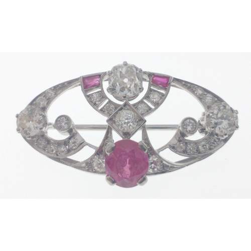 50 - A VINTAGE DIAMOND encrusted 'white metal' pin BROOCH with a central pink stone (0.5cm diameter) leng... 