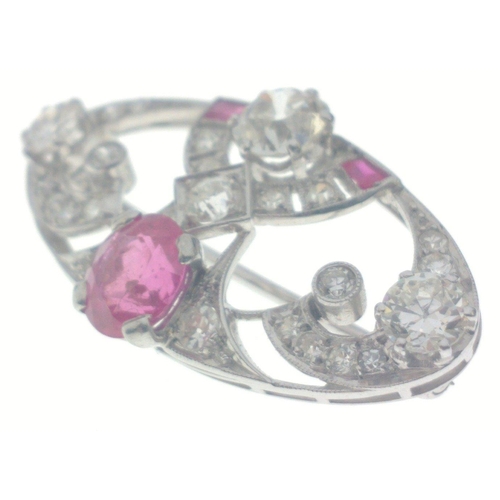 50 - A VINTAGE DIAMOND encrusted 'white metal' pin BROOCH with a central pink stone (0.5cm diameter) leng... 