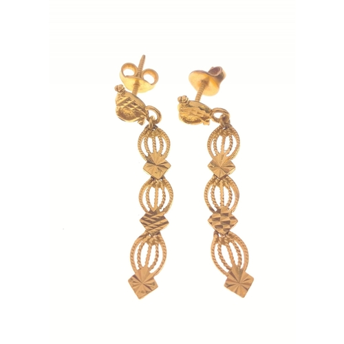 57 - A pair of 18ct yellow gold drop EARRINGS, top section shaped as a heart with an arrow piercing it, l... 