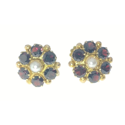 70 - VINTAGE A 9ct stamped pair of yellow gold EARRINGS  with 6 garnets and one central pearl set in each... 