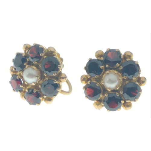 70 - VINTAGE A 9ct stamped pair of yellow gold EARRINGS  with 6 garnets and one central pearl set in each... 