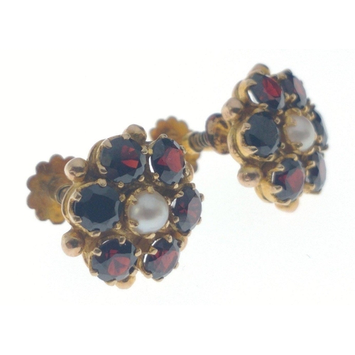 70 - VINTAGE A 9ct stamped pair of yellow gold EARRINGS  with 6 garnets and one central pearl set in each... 