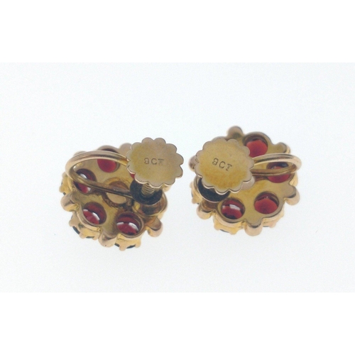 70 - VINTAGE A 9ct stamped pair of yellow gold EARRINGS  with 6 garnets and one central pearl set in each... 