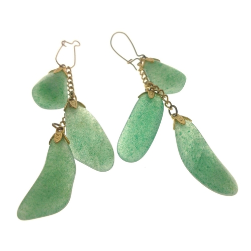 87 - Vintage 'Yellow metal' three jadeite drop EARRINGS, 6cm in length, gross weight 8.10g#91