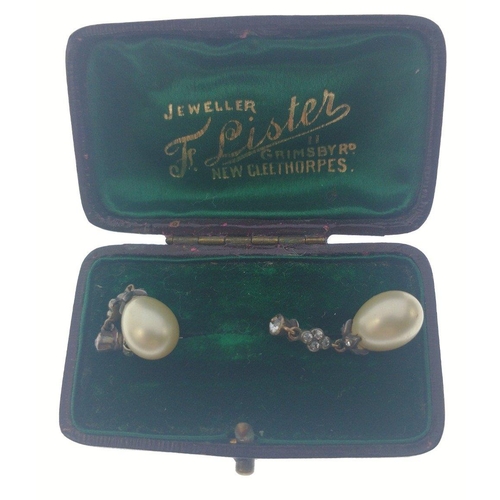 88 - VINTAGE Pair of faux pearl and white stone drop EARRINGS. one sleeper is missing.#92