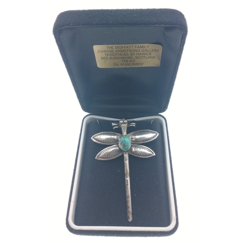 88B - VINTAGE 'White Metal' unmarked but FABULOUS QUALITY Dragonfly brooch with blue stone centred - 7cm l... 