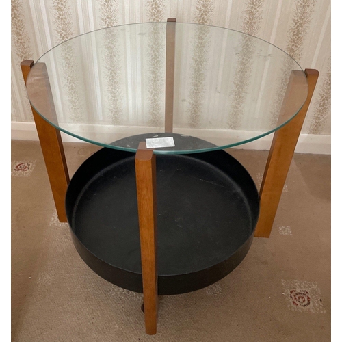 127 - A RETRO cocktail table with glazed top and black drinks tray on the bottom dimensions diameter 55cm ... 