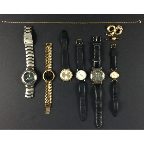 66 - Six gents' and ladies watches plus a small collection of costume jewellery including 2 brooches and ... 