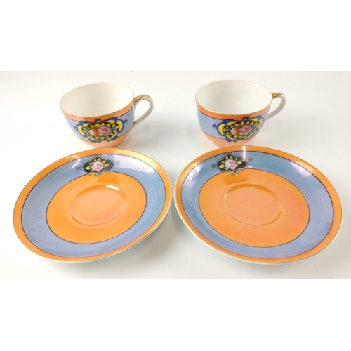 111 - A part NORITAKE tea service in orange lustre ware consisting of 2 cups, 3 saucers and a milk jug#116... 