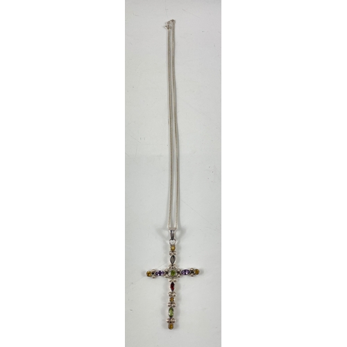 12 - A 925 stamped silver cross pendant with coloured stones on a 925 silver stamped chain gross weight 1... 