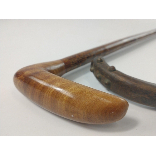 233 - A quality vintage hardwood riding crop 89cm length and a small very old walking stick with metal no... 