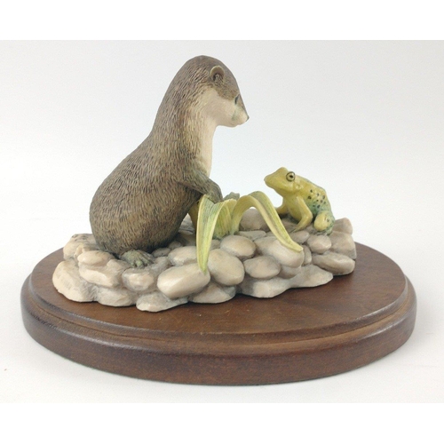 244 - Vintage BORDER FINE ARTS otter kit and frog signed Ayres on wooden base#255